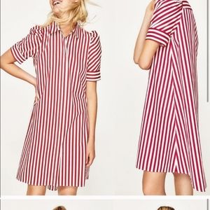 Zara Red and White Striped Puff Sleeve Shirt Dress
